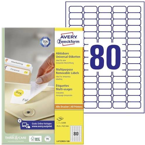 AVERY Zweckform L4732REV-100 Universal Etiketten (8.000 Klebeetiketten, 35,6x16,9mm auf A4, wieder rückstandsfrei ablösbar/abziehbar, individuell bedruckbare, selbstklebende Aufkleber) 100 Blatt, weiß