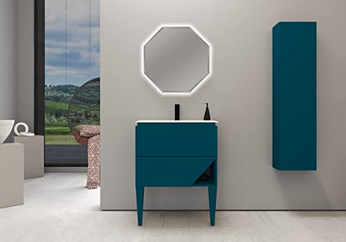 Mobile da bagno blu petrolio, 70cm, base con lavabo, specchio e colonna