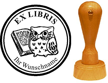 Ex Libris Exlibris stämpel Uggla med bok – med personligt önskenamn och motiv