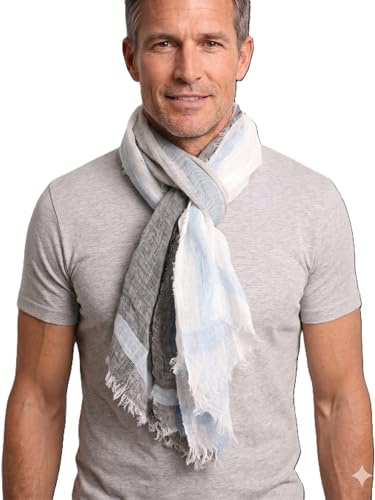 Prettystern 200cm Bufanda de rayas largas Casual de 4 lados con flecos 100% Lino XXL Bufanda de hombre estilo marítimo - Azul Blanco Gris