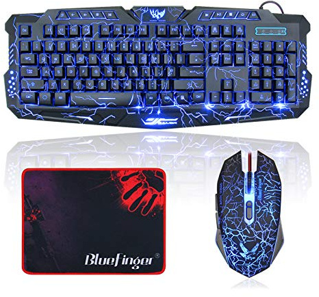 BlueFinger Tastiera e mouse da gioco con cavo USB, con retroilluminazione e tastiera combinata, lettere bagliore, retroilluminate a 3 colori, tastiera e mouse per gioco e lavoro