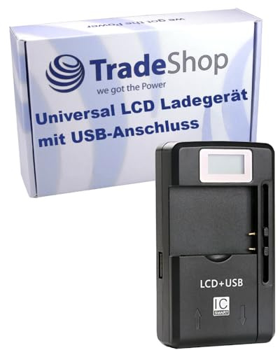 Trade-Shop LCD Universal Slim Reise Ladegerät Ladestation Tischlader mit extra USB-Anschluss für Digitalkamera Akkus von Canon Nikon Sony Samsung Casio GoPro Kodak Fuji Pentax Olympus Medion
