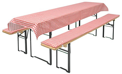 Brandsseller Set Birreria 3 Pezzi – 2 Cuscini Imbottiti per Panche 220x25 cm e 1 Tovaglia 240x70 cm – Ideale per Sagre, Giardino, Feste all’Aperto – Rosso a Quadri