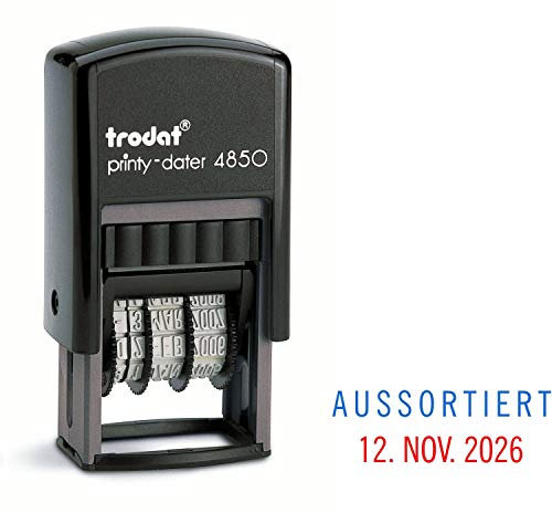 Trodat Printy Dater 4850 Datumstempel mit 2farbigem Kissen blau/rot + Wunschtext, Stempeltext:A U S S O R T I E R T