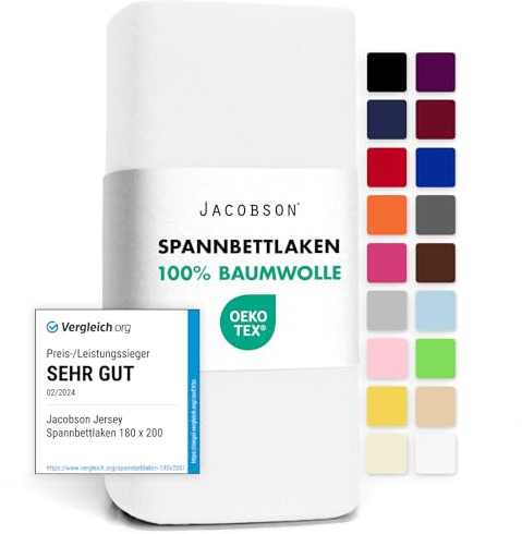 Jacobson Jersey Spannbettlaken Spannbetttuch Baumwolle Bettlaken (120x200-130x200 cm, Weiss)