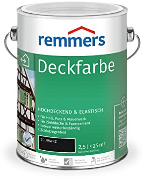 Remmers Deckfarbe schwarz, 2,5 Liter, Deckfarbe für innen und außen, Wetterschutzfarbe viele Untergründe, hochdeckend, wetterfest