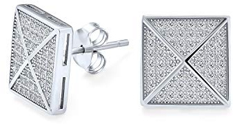Geometrische zweifarbige schwarz oder blau weiße Zickzack-Quadrat-Mikropavé-Zirkonia-CZ-Ohrstecker für Herren aus Sterlingsilber