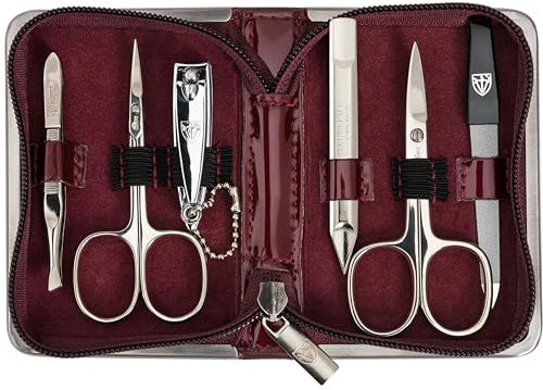 DREI SCHWERTER - 6-tlg. Maniküreset 'Ravenna' | Hochwertiges Nagelpflegeset in weinrot Kunstlackleder Etui | Inhalt: Nagelschere, Hautschere, Nagelknipser, Saphirnagelfeile, Nagelreiniger, Pinzette