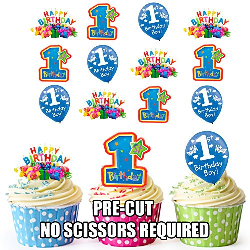 AK Giftshop Colourful 1st Happy Birthday Boys Cake Decorations - 36 Edible Wafer Cup Cake Toppers