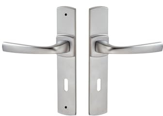 Vachette Set de Poignée de Porte sur Grande Plaque MUZE - Version Clé L, Porte de Chambre, Bureau - Entraxe 195mm - Système de Pose Facile - Zamak Résistant - Finition Chrome Velours - Garantie 10 Ans | Poignée de porte intérieure - Muze - Vachette - Gris argent - Clé L - 195 mm
