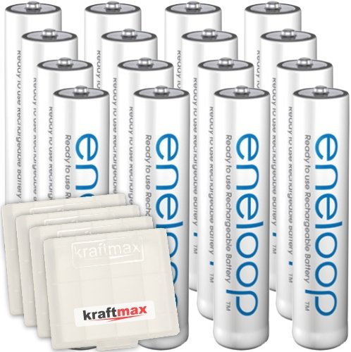 16er Pack Panasonic Eneloop AAA/Micro Akkus - Neueste Generation - Hochleistungs Akku Batterien in Kraftmax Akkuboxen V5