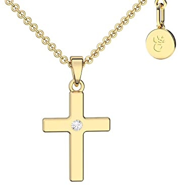 Amoonic korskedja flicka guld (silver 925 förgylld) | Korshänge halsband | barnsmycke första nattvarden dop gåva konfirmation födelse dop | med gravyralternativ, 38 - 42 cm, Guldpläterad guld, Kubisk