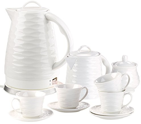 Rosenstein & Söhne Kabellose: Porzellan-Wasserkocher WSK-270, 1,7 l, 1500W mit Kaffee-/Tee-Service (Wasserkocher, schnurlos, im Retro-Design)