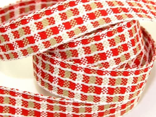Rot, Weiß & Beige gewebt Schleifenband kariert, für Weihnachten Crafts – 15 Meter Rolle