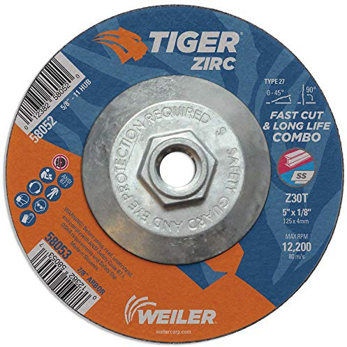 Weiler 58052 5 x 1/8 Tiger Zirc Type 27 Cut and Grind Combo Wheel, Z30T, 5/8-11 UNC Nut (Pack of 10)