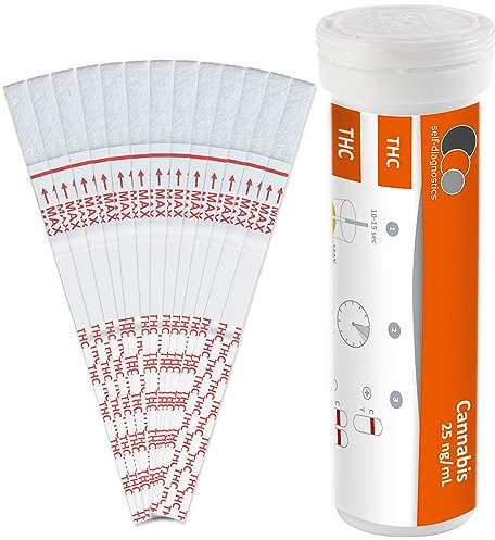self-diagnostics test rápido de drogas Cannabis (THC) - Marihuana - Hachís - Corte: 25 ng/ml - 25 Tiras reactivas - Detección de drogas - Test de inmersión - Test de orina - Test de THC