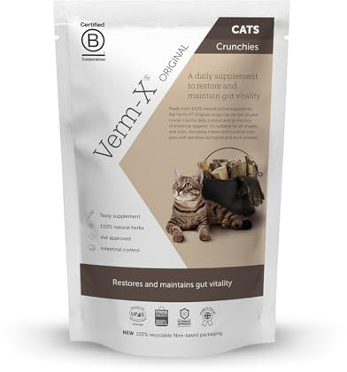 Verm-X 100% Natural Treats for Cats. Supports  Intestinal Hygiene. Vet Approved. UFAS Assured. Contains  Prebiotic for Gut Biome Quality. Restores and Maintains Gut Vitality. Wormwood Free Recipe.