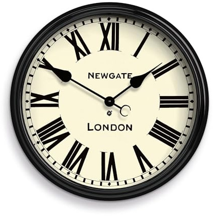 NEWGATE® Battersby wall clock | Large round iconic metal wall clock | Gloss black | 50cm | Classic antique vintage roman numeral dial | Glass lens and metal hands