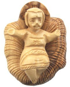 Holy Land Market Olive Wood Baby Jesus in Cradle – Hand-Carved in Bethlehem – Includes Certificate of Authenticity & Nativity Story Booklet – Genuine Holy Land Olive Wood Nativity (3 Inches)