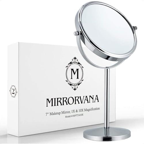 MIRRORVANA 10X Magnifying Makeup Mirror on Stand for Bedroom and Bathroom, Free Standing Desk & Table Mirror, Double Sided 10X/1X Magnification, 35cm Tall 18cm Wide