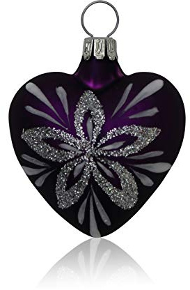 Lauschaer Glas Christbaumschmuck Herzen klein lila matt mit Blumendekor 4 Stück Christbaumschmuck Weihnachtsbaumschmuck mundgeblasen, handdekoriert