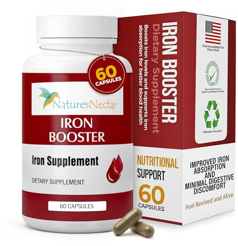 Nature's Nectar Blood Builder Iron Supplement for Men & Women – Slow Release Non-Constipating Iron Capsules with Vitamin B-12, Folic Acid & Vitamin C – Supports Red Blood Cell Production 60 Capsules