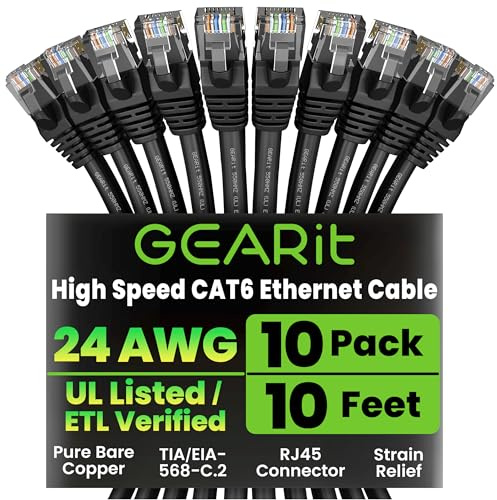 GEARit Cat 6 Ethernet Patch Cable 10 ft Black (10 Pack) Cat6 Patch Cables 10ft Black/Ethernet Patch Cable, 10Gbps 550MHz 24AWG Pure Copper, Snagless, Gold Plated RJ45 for Router, Server, Router, PC