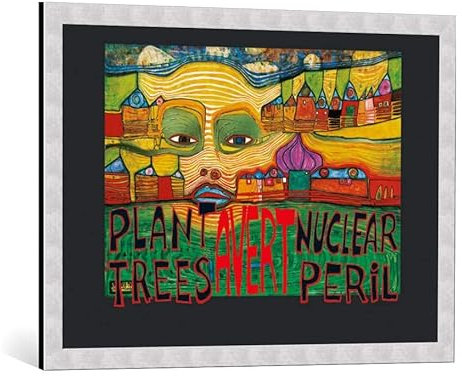 kunst für alle Bild mit Bilder-Rahmen: Friedensreich Hundertwasser Bäume pflanzen - atomare Gefahr abwenden - dekorativer Kunstdruck, hochwertig gerahmt, 84x59 cm, Silber gebürstet