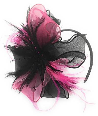 Caprilite Fashion - Fascia per capelli con piume, colore: Nero e fucsia