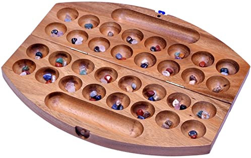 LOGOPLAY Bao - Hus - Kalaha - sehr kleines Reisespiel für unterwegs - 30cm lang - Steinchenspiel - Edelsteinspiel - oval aus Samena-Holz