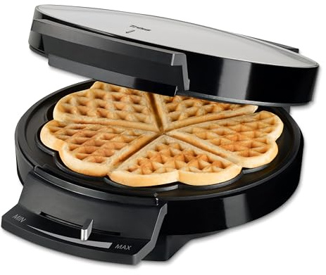 Trisa Waffle Pleasure Waffeleisen Rund 5 Herzen Antihaft Silber-Schwarz | Rund Ø18cm, 5 Herz-Segmente, stufenloser Regler (MIN-MAX), Antihaft, Silber/Schwarz, klassisch