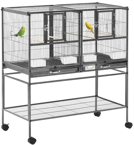 PawHut Jaula para Pájaros Grande con Divisor, Pajarera Doble con Ruedas, 4 Comederos, 4 Perchas, Estante, 2 Bandejas Extraíbles, para Periquitos, Agapornis, Canarios, 95x45,5x102 cm, Gris
