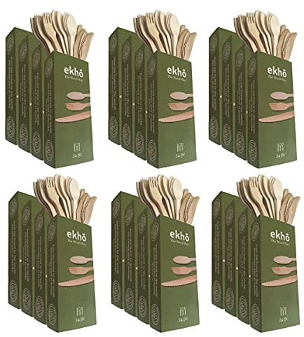 ekh The Wood Way! - 24 Pack Biodegradable Disposable Cutlery - 8 Forks + 8 Spoons + 8 Knives - 24 Boxes x 24 Pieces - Camping Cutlery Compostable and Biodegradable