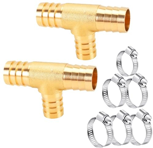 AOPANDA Brass Barb Tee Fittings 5/8 T-Shaped 3 Ways Union 5/8 ID Hose Pipe Fitting with 6pcs Stainless Steel Pipe Clamp, for Water/Fuel/Air (Pack of 2).