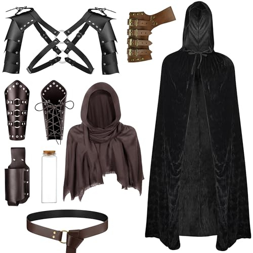 PLULON 9 Pz Costume da Cavaliere Medievale Uomo Corsetto Rinascimentale Mantello con Cappuccio Scialle Retrò Cintura in Pelle PU Spalla Armatura Fibbia Bracciali Spada Rana