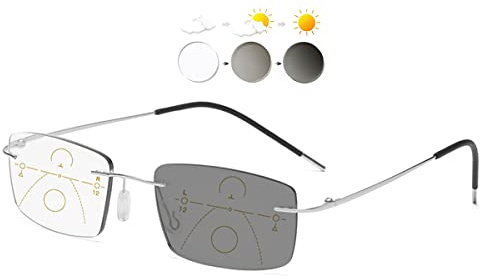 KOOSUFA Gafas de lectura sin bordes, fotocromáticas, con protección UV, lentes de lectura 1.0, 1.5, 2.0, 2.5, 3.0, 3.5