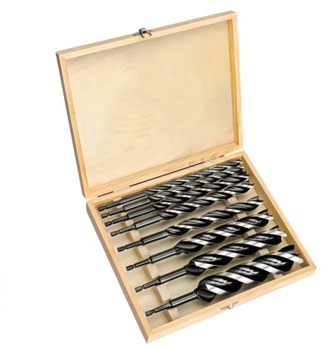 Keewaki Auger Drill Bit Set for Wood – 8pcs Hex Shank Wood Auger Drill Bits with Wooden Storage Case, 230mm Length, 10mm to 32mm, Heavy Duty Bits for Softwood and Hardwood