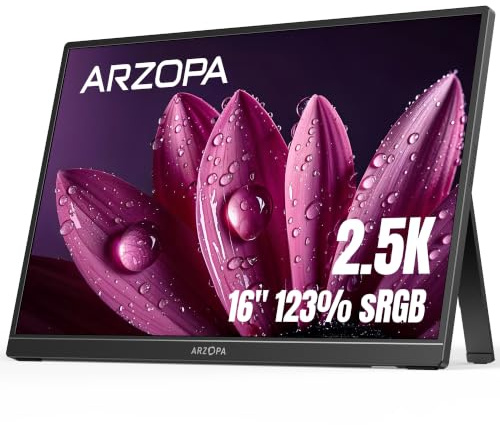 ARZOPA 16.0 2.5k Monitor Portátil, Pantalla Portatil HDR 2560x1600, 8bit QHD, Monitor Portátil USB-C HDMI para Portátil, 16:10 IPS, Soporte Unipolar para Mac PC PS4/5 Xbox Switch Z1RC