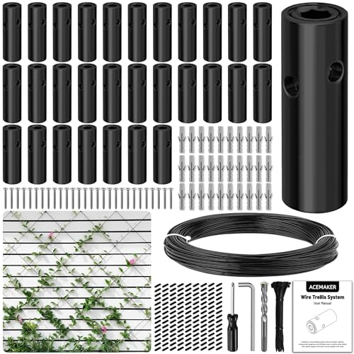 Acemaker Lot de 30 treillis métalliques pour plantes grimpantes d'extérieur avec câble revêtu de vinyle de 0,3 cm x 45,7 m, système d'espalier cylindrique noir T316 pour clôture et jardin, projets de