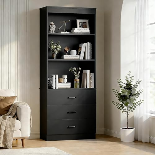 OneBlis 70 H Black Bookshelf with Drawers, Tall Bookcase with 3-Tier Open Shelves, Bookshelf and Bookcase with Storage Cabinet for Home Office,Living Room(Black,6-Tier)