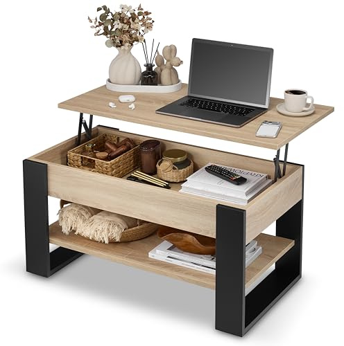 defiPad Couchtisch höhenverstellbar mit Stauraum, 92x51cm, Sonoma/Schwarz | 18-mm-Möbelplatte, Arbeitshöhe 45-61 cm, in Europa gefertigt, verstecktes Fach, Ablage 85 × 45 cm, Metall-Hebemechanismus