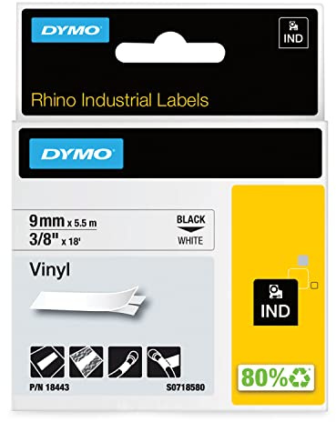DYMO Rhino-Industrie-Vinyletiketten | 9 mm x 5,5 m | schwarz auf weiß | selbstklebendes Schriftband | für DYMO Rhino und LabelManager Beschriftungsgerät