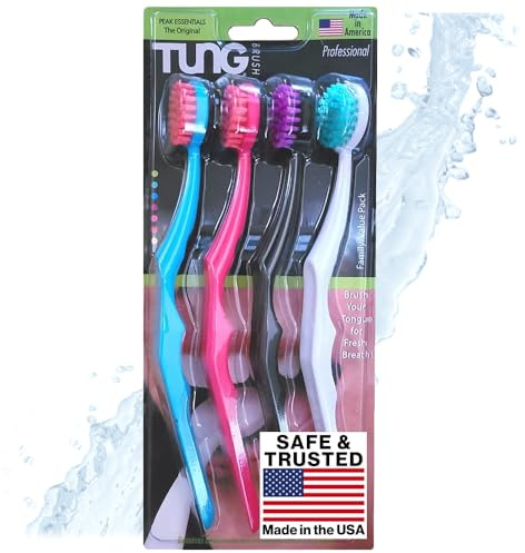Tung Brush Tongue Cleaner, Plastic Tung Scraper, Tongue Cleaning to Fight Bad Breath, Halitosis Defense, USA Made, 4-Pack