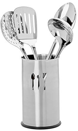 Relaxdays Porta Utensili da Cucina, Set da 5 Accessori, 4 Mestoli, Portaposate, Portamestoli, Kit in Acciaio, Argento, Inox