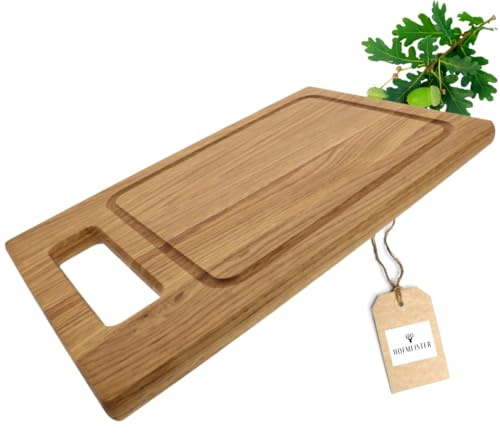 HOFMEISTER® Schneidebrett Eiche 39,5 × 24,5 × 2 cm mit Griff und Saftrille – massiv, robust (1 Stück)