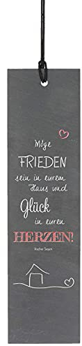 Butzon & Bercker Schieferrelief Haussegen - Wandschild mit Lederband | Dekorative Schiefertafel mit Hausmotiv - Emotionaler Segensspruch zum Einzug oder für die Familie - 14,5 x 12 cm