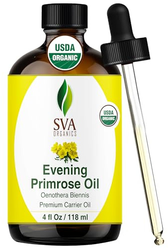 SVA Evening Primrose Oil Organic - 4 Fl Oz – 100% Natural Cold Pressed Organic Evening Primrose Oil - for Face, Skin Care, Hair Care, Scalp Massage & Body Massage – Carrier Oil with Dropper