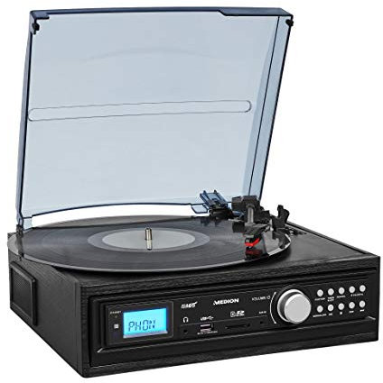 MEDION E69468 Schallplattenspieler mit Lautsprecher (LP Vinyl, Kassettendeck MC, MP3-Umwandlung, AUX Eingang, Manuelle und automatische Titeltrennung)