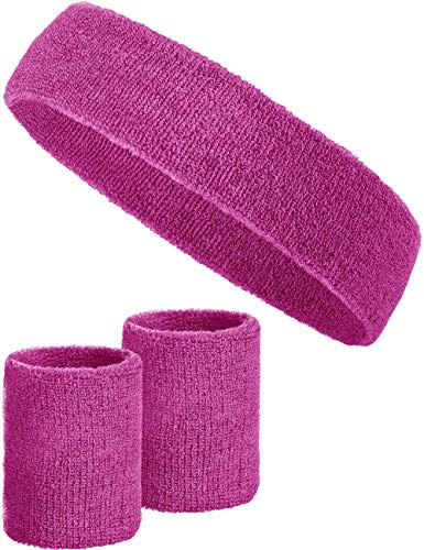 3-delat svettbandsset med 2x svettband för handleder + 1x pannband för kvinnor och män (rosa)