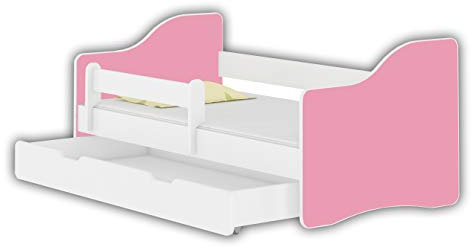 Jugendbett Kinderbett mit einer Schublade mit Rausfallschutz und Matratze Weiß ACMA HAPPY 140x70 160x80 180x80 (Rosa, 140x70cm + Schublade)